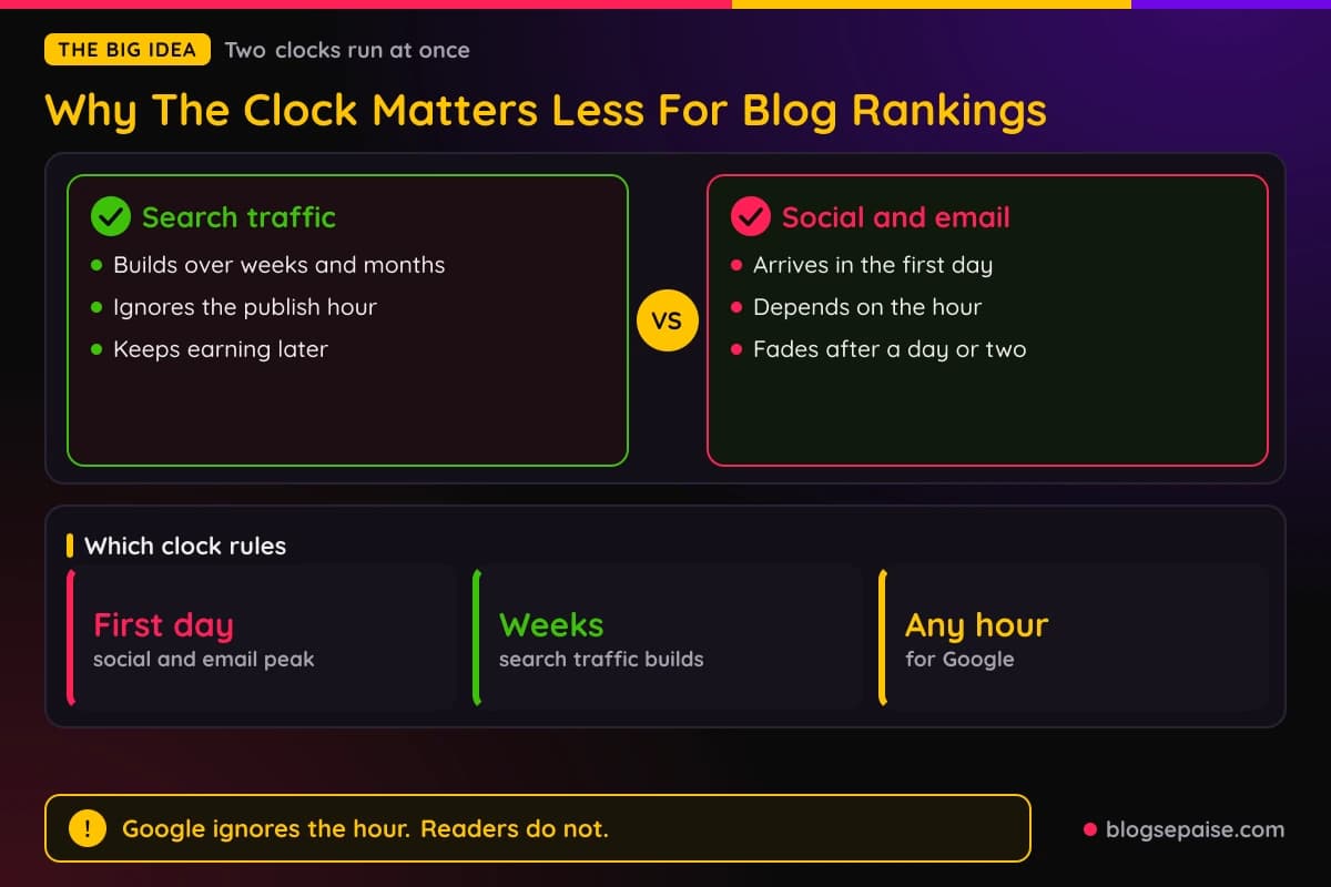 Compare card of search traffic, which builds over weeks and ignores the publish hour, versus social and email traffic, which arrives on day one