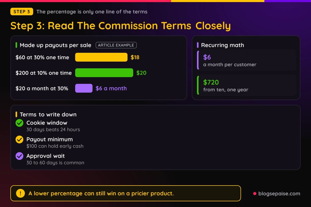 Chart comparing three made up commission setups by payout per sale