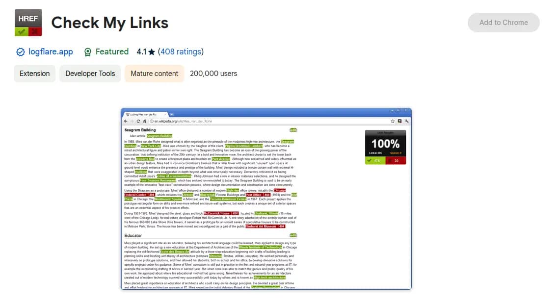 Check My Links Chrome extension for broken links