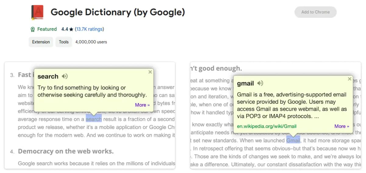 Google Dictionary Chrome extension for definitions