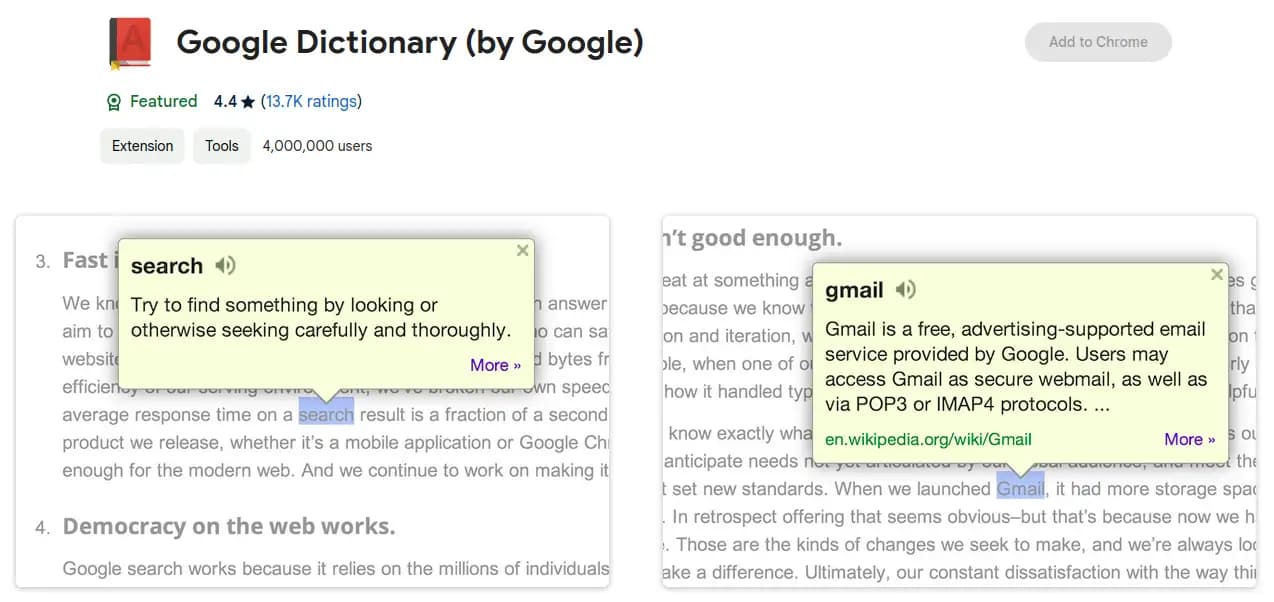Google Dictionary Chrome extension for definitions