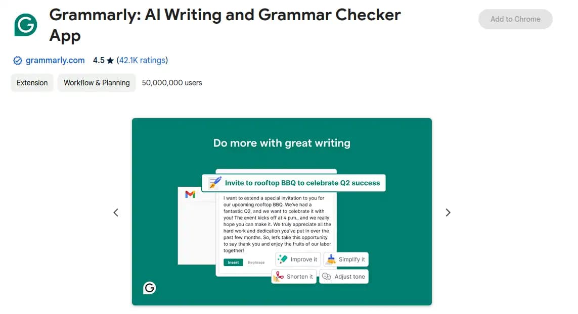 Grammarly Chrome extension for writing assistance