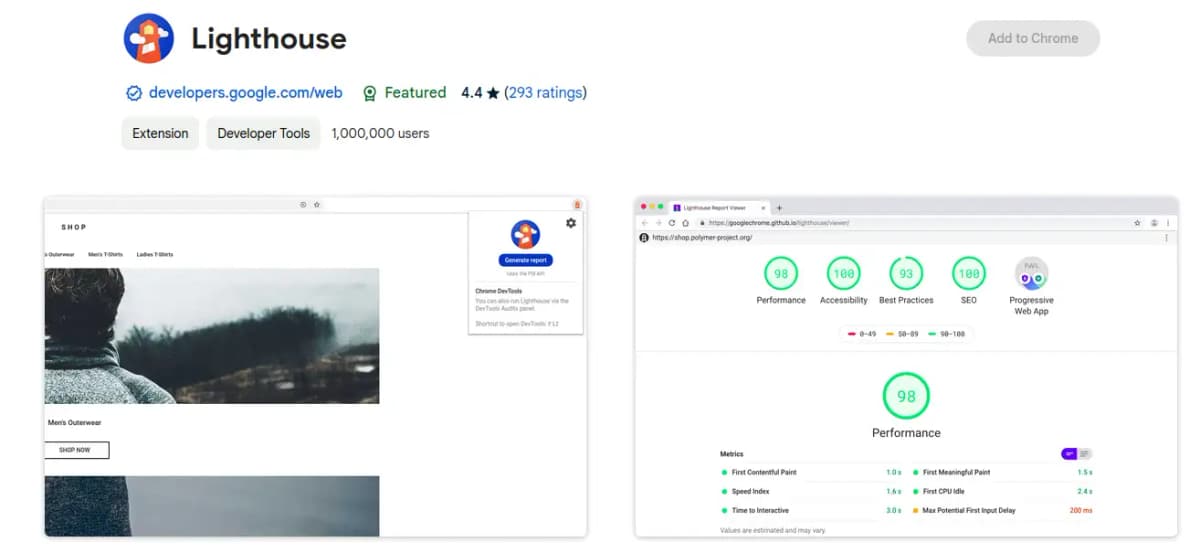 Lighthouse Chrome extension for website quality