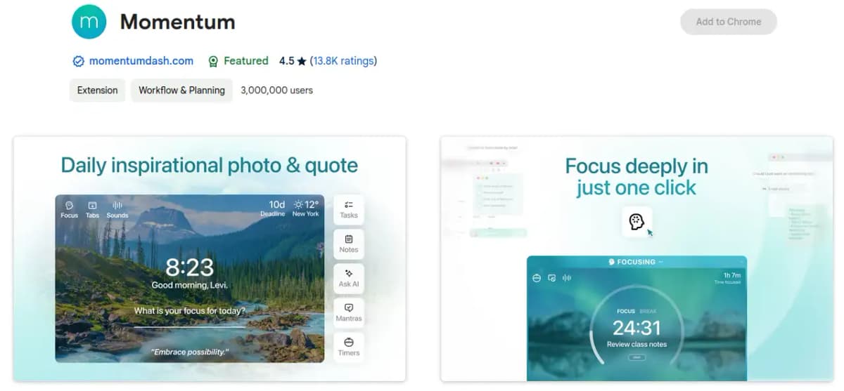 Momentum Chrome extension for new tab dashboard