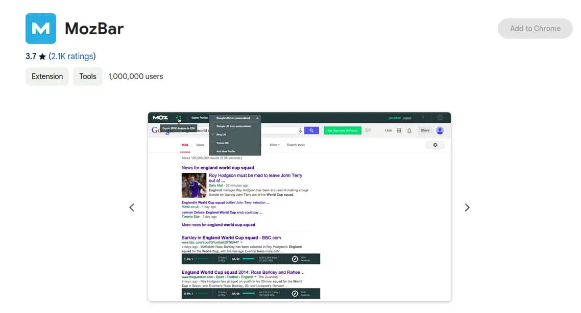 MozBar Chrome extension for SEO analysis