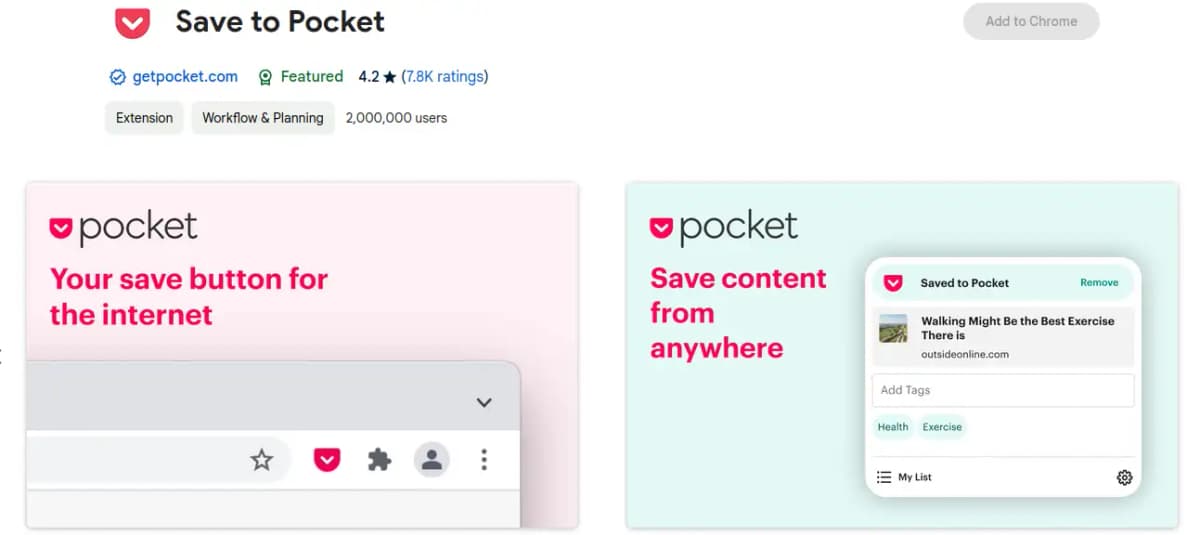 Pocket Chrome extension for bookmarking articles