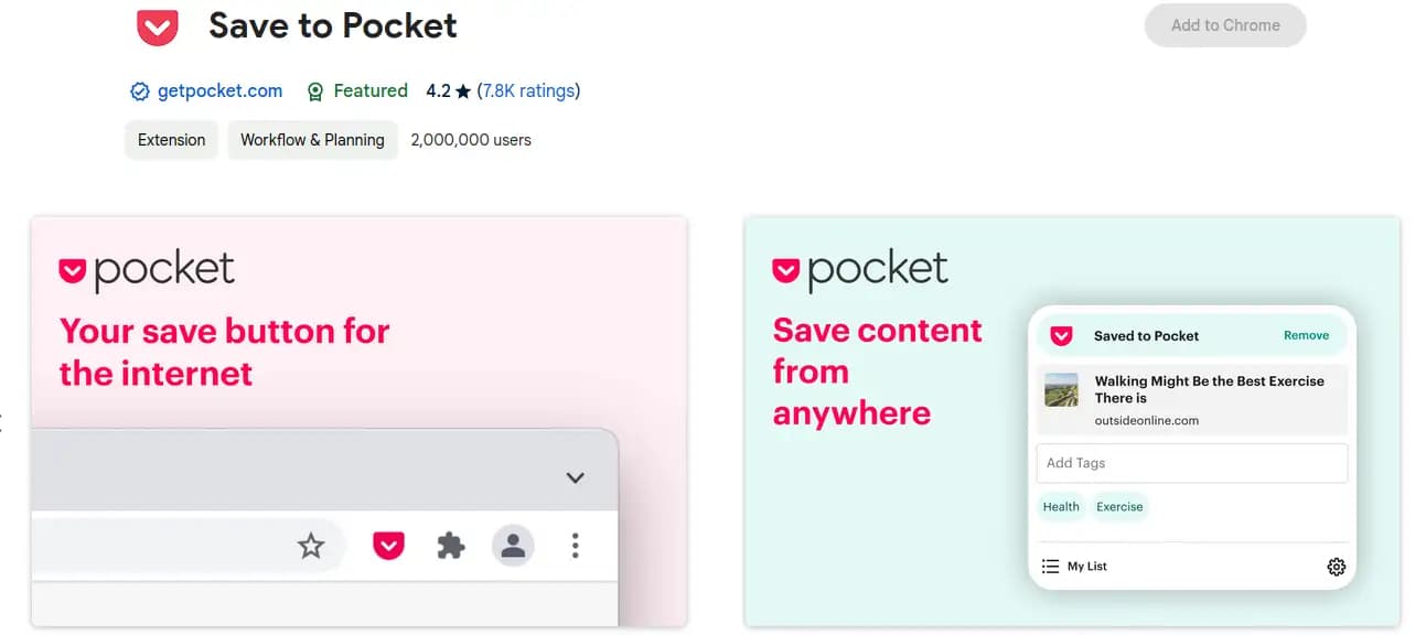 Pocket Chrome extension for bookmarking articles