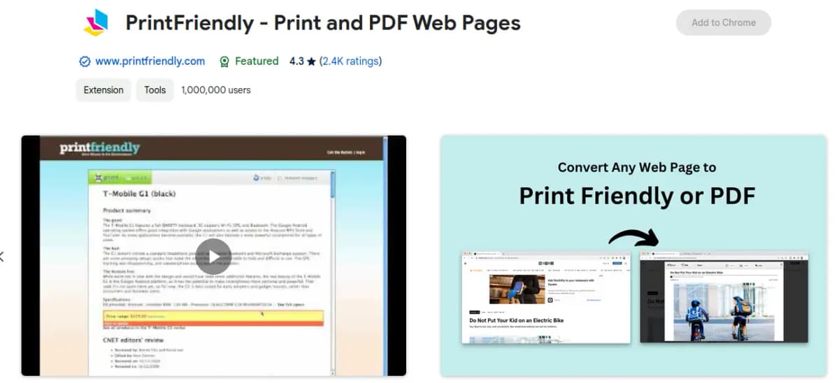 PrintFriendly Chrome extension for clean printing