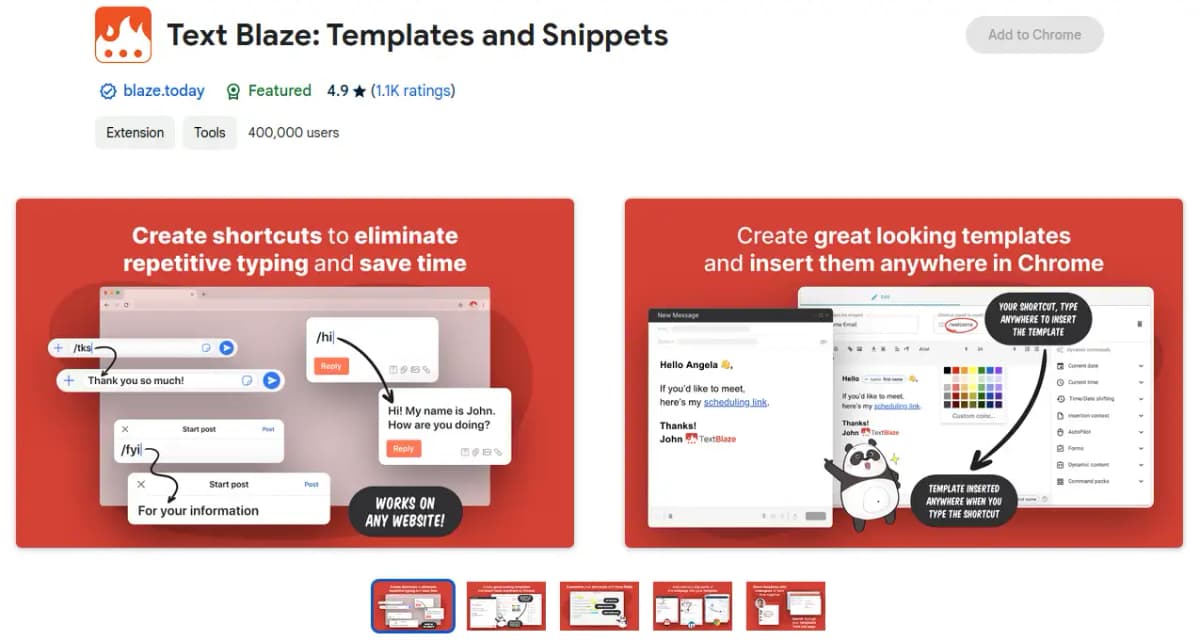 Text Blaze Chrome extension for text snippets