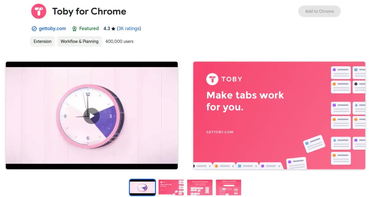 Toby Chrome extension for tab management