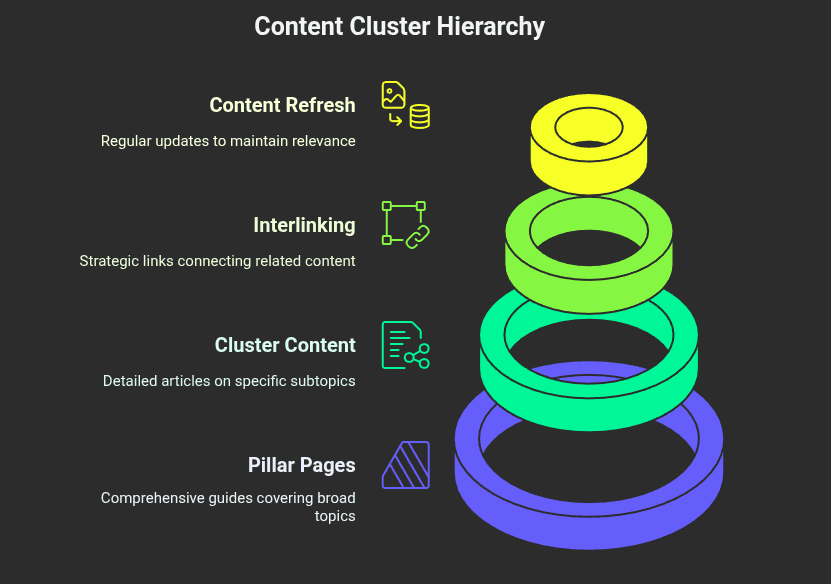 Content cluster hierarchy for topical authority