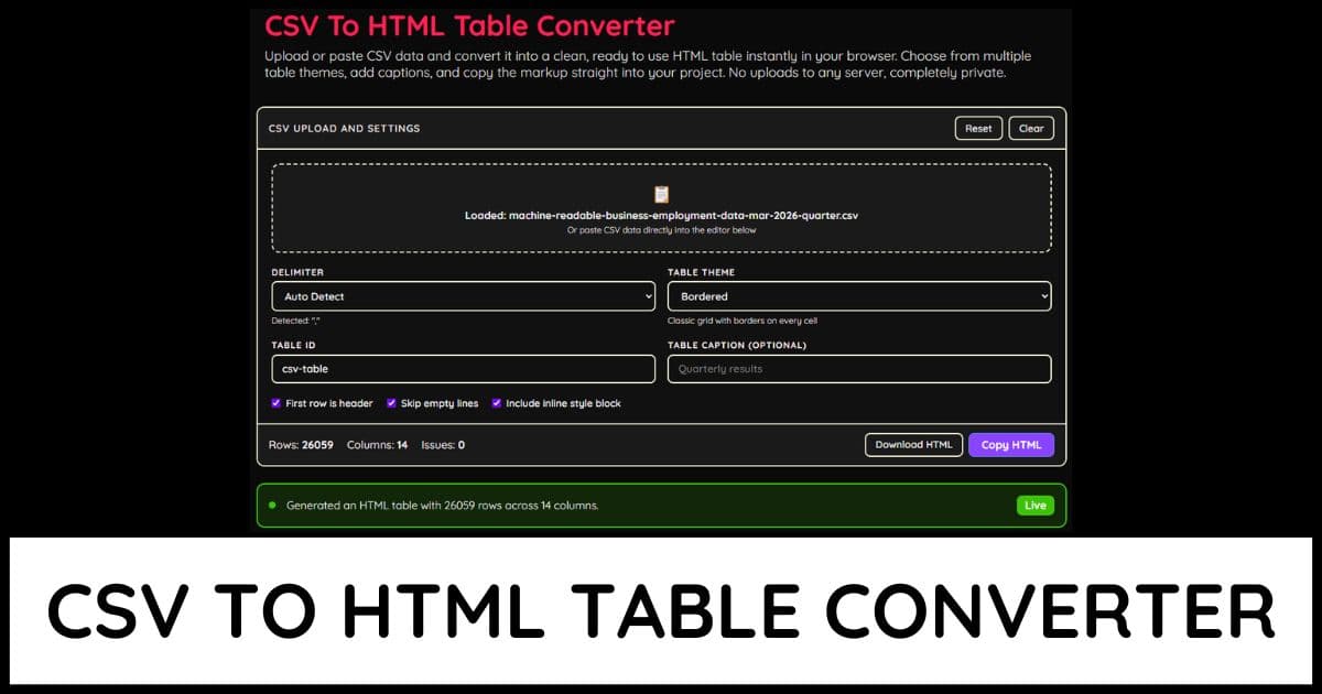 CSV To HTML Table Converter