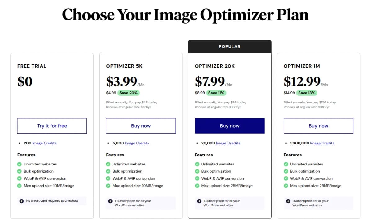 Elementor Image Optimizer Pricing Plans