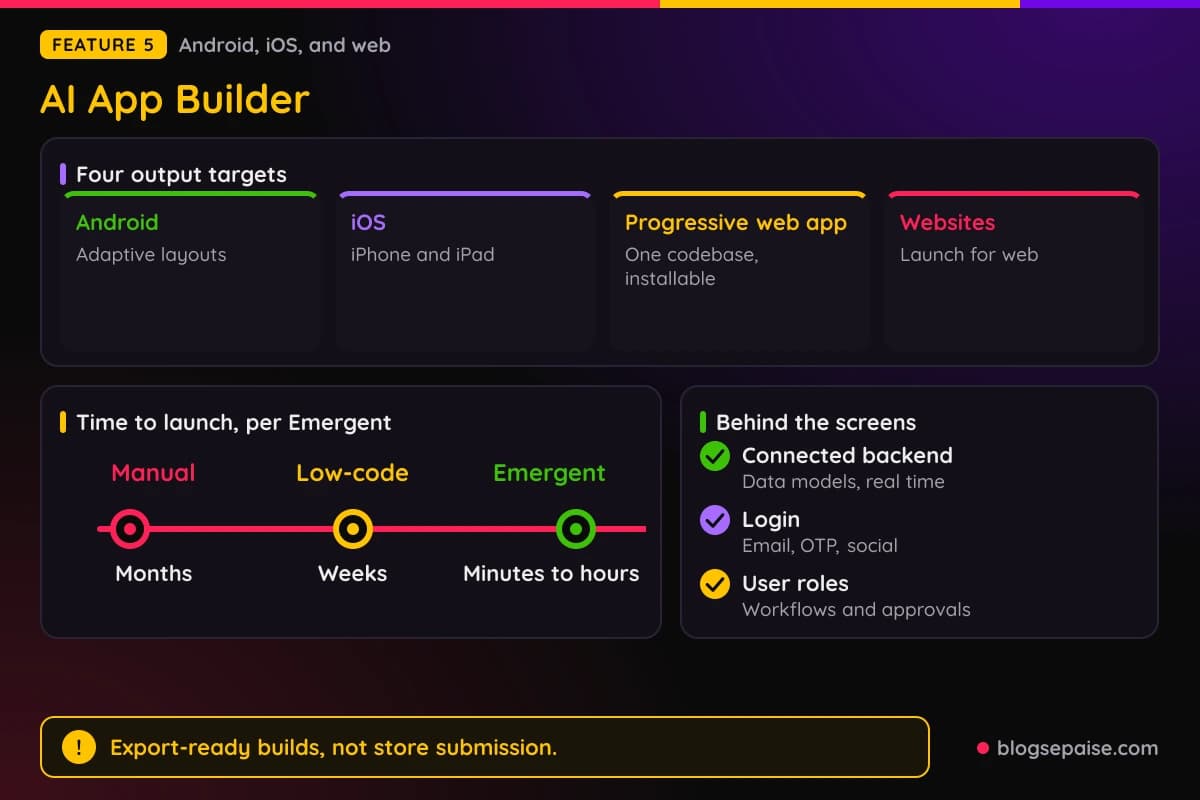 Emergent AI App Builder output targets for Android, iOS, progressive web apps, and websites, with time to launch and backend features