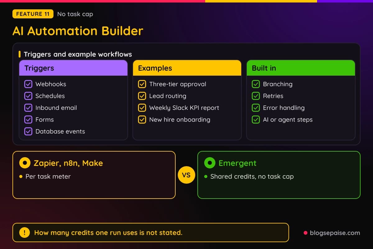 Emergent AI Automation Builder triggers, example workflows, built-in features, and shared credits versus per task meters