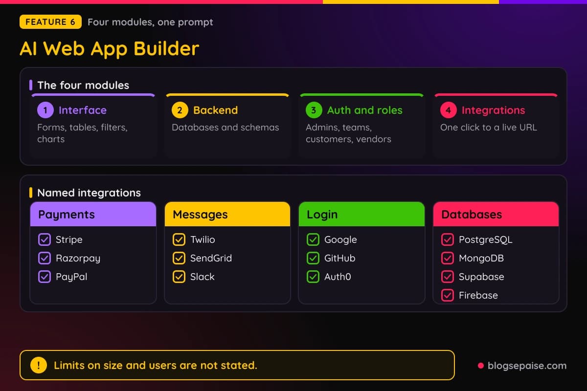 Emergent AI Web App Builder four modules and the payment, message, login, and database integrations it names