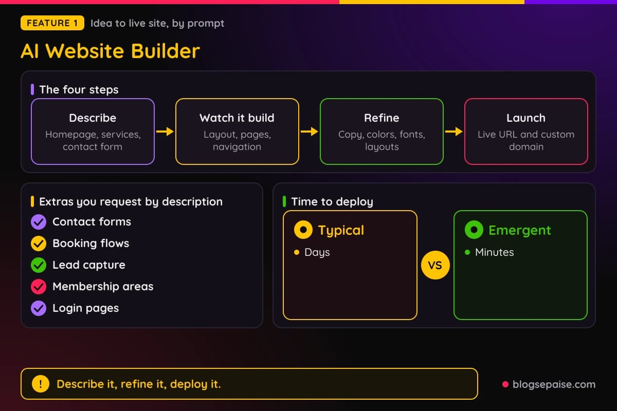 Emergent AI Website Builder showing four steps from describe to launch, the extras you can request, and minutes versus days to deploy