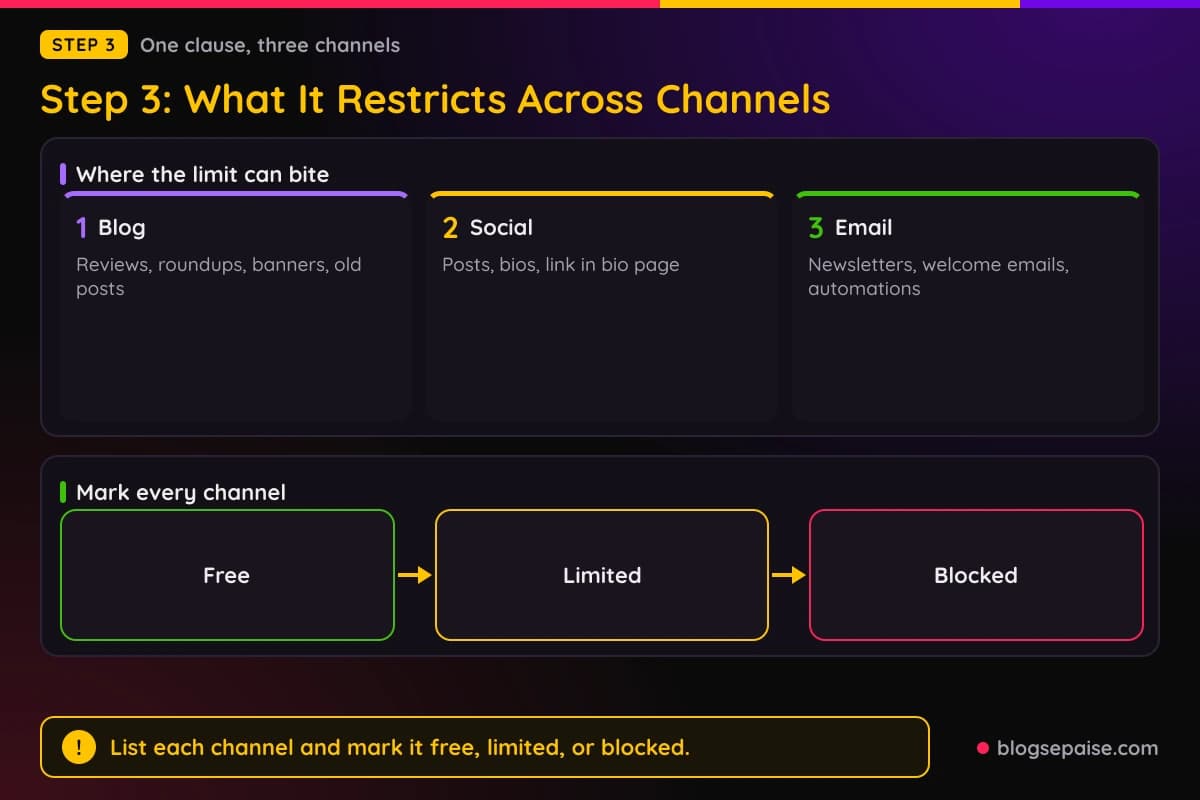 Cards comparing what an exclusivity clause can restrict on a blog, on social media, and in email, with a map that marks each channel as free, limited, or blocked