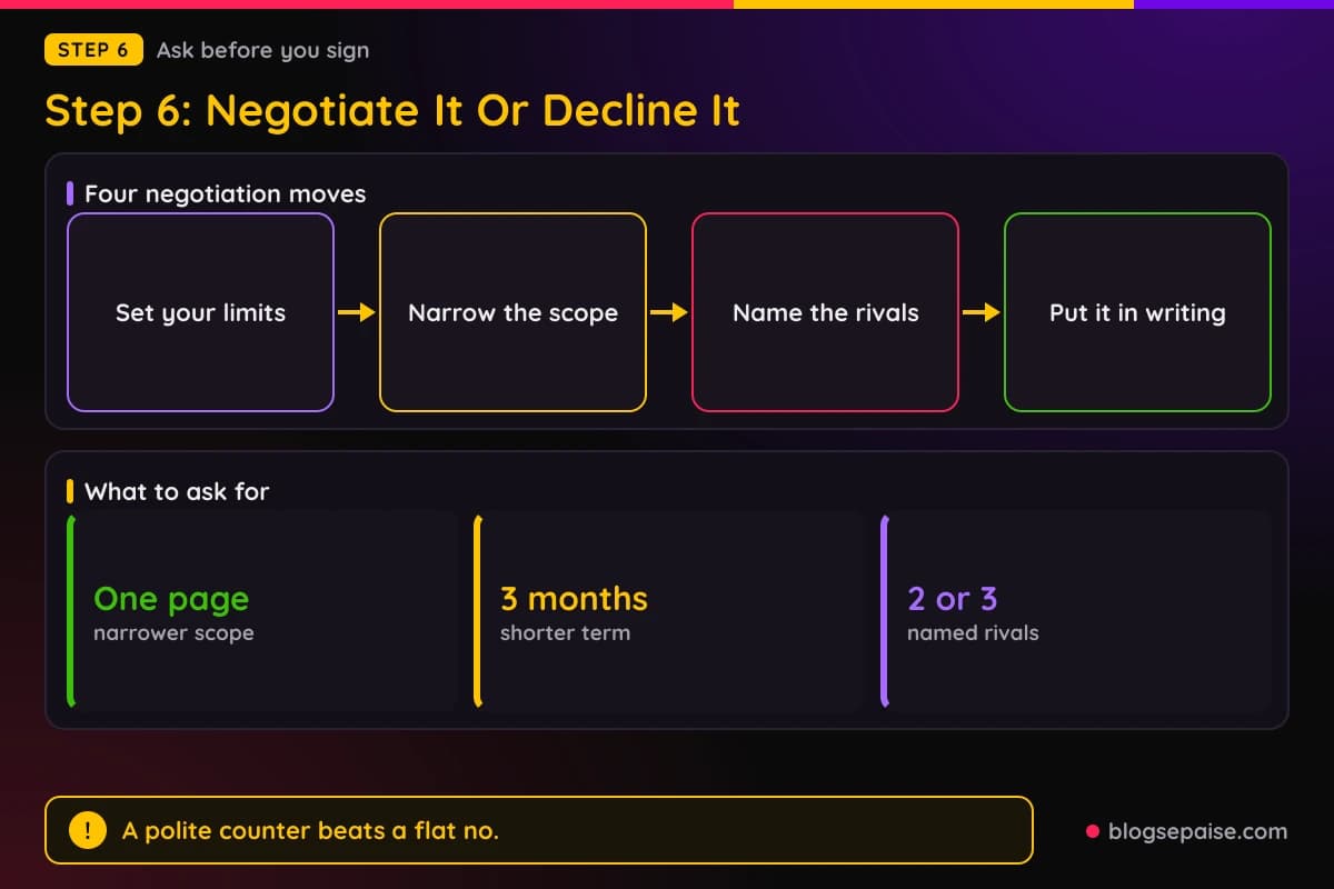 Flow diagram of four negotiation steps for an exclusivity clause, with stats showing the narrower scope, shorter term, and named rivals to ask for