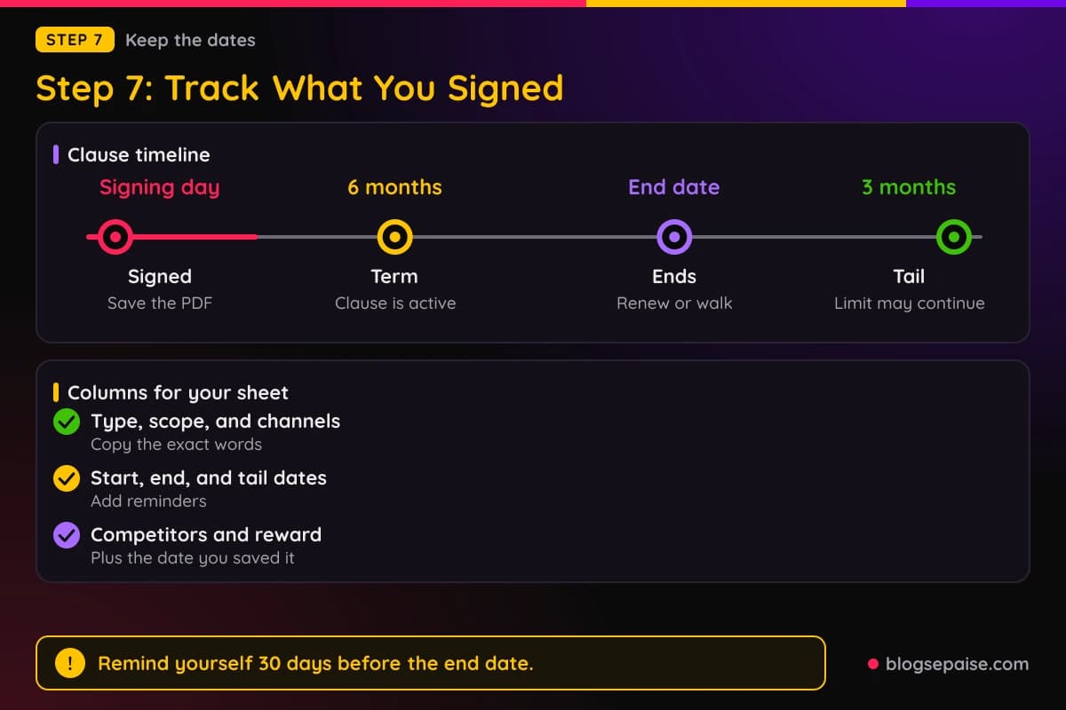 Timeline of an exclusivity clause from signing through a 6 month term to the end date and a 3 month tail, with a checklist of the columns to keep in a tracking sheet