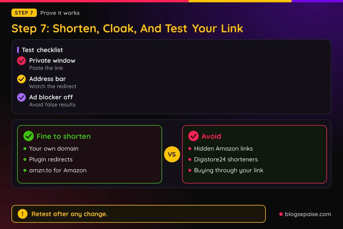 Checklist for testing an affiliate link: private window, address bar, redirect, dashboard click, ad blocker check