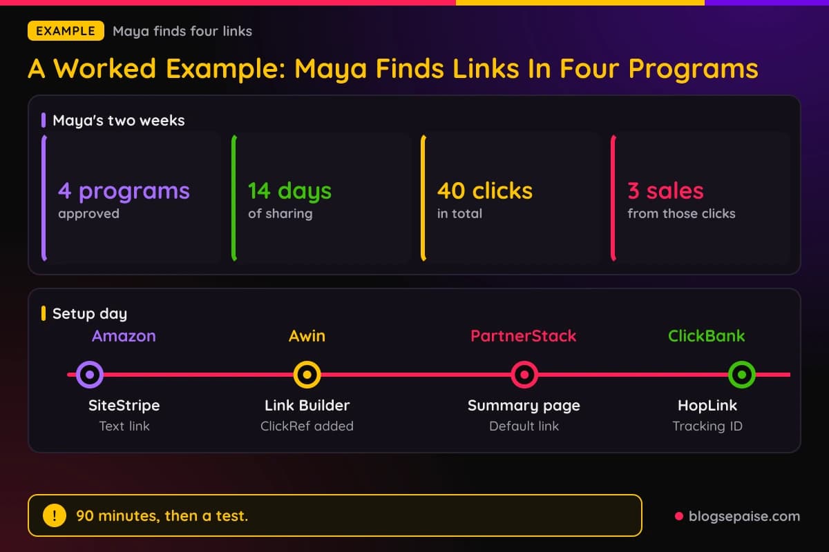 Timeline of Maya finding four affiliate links in two weeks, with stats for programs, days, clicks, and sales