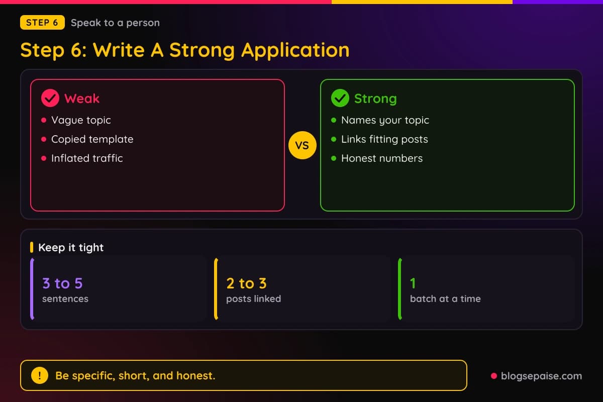 Comparison of a weak application and a strong application, with stats for 3 to 5 sentences, 2 to 3 linked posts, and 1 batch of applications