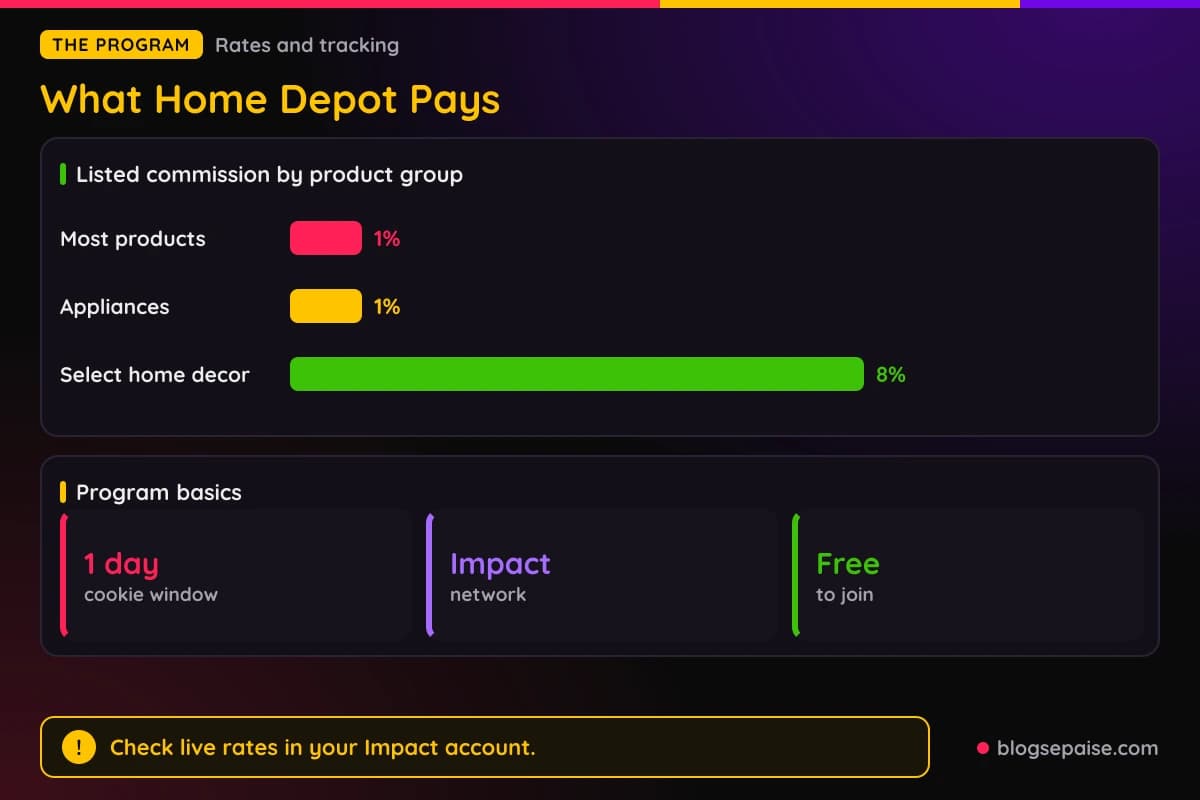 Bar chart of Home Depot affiliate commission rates, 1 percent on most products and appliances and 8 percent on select home decor, with a 1 day cookie window and Impact as the network