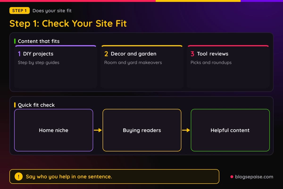 Cards showing content types that fit the Home Depot affiliate program, DIY projects, home repair, decor and gardening, and tool reviews, with a three step check below