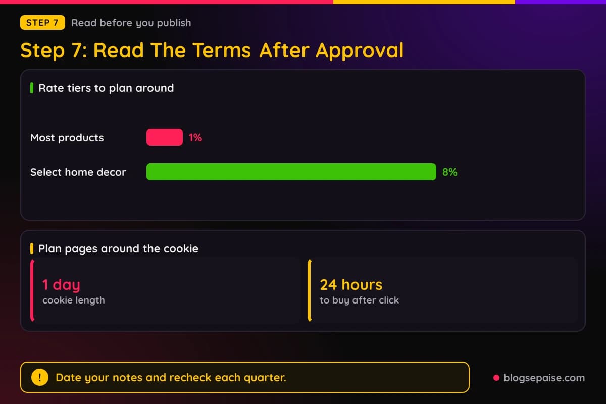 Cards for rates, cookie, and rules to read after approval, with a bar comparison of 1 percent and 8 percent commission and a 1 day cookie note