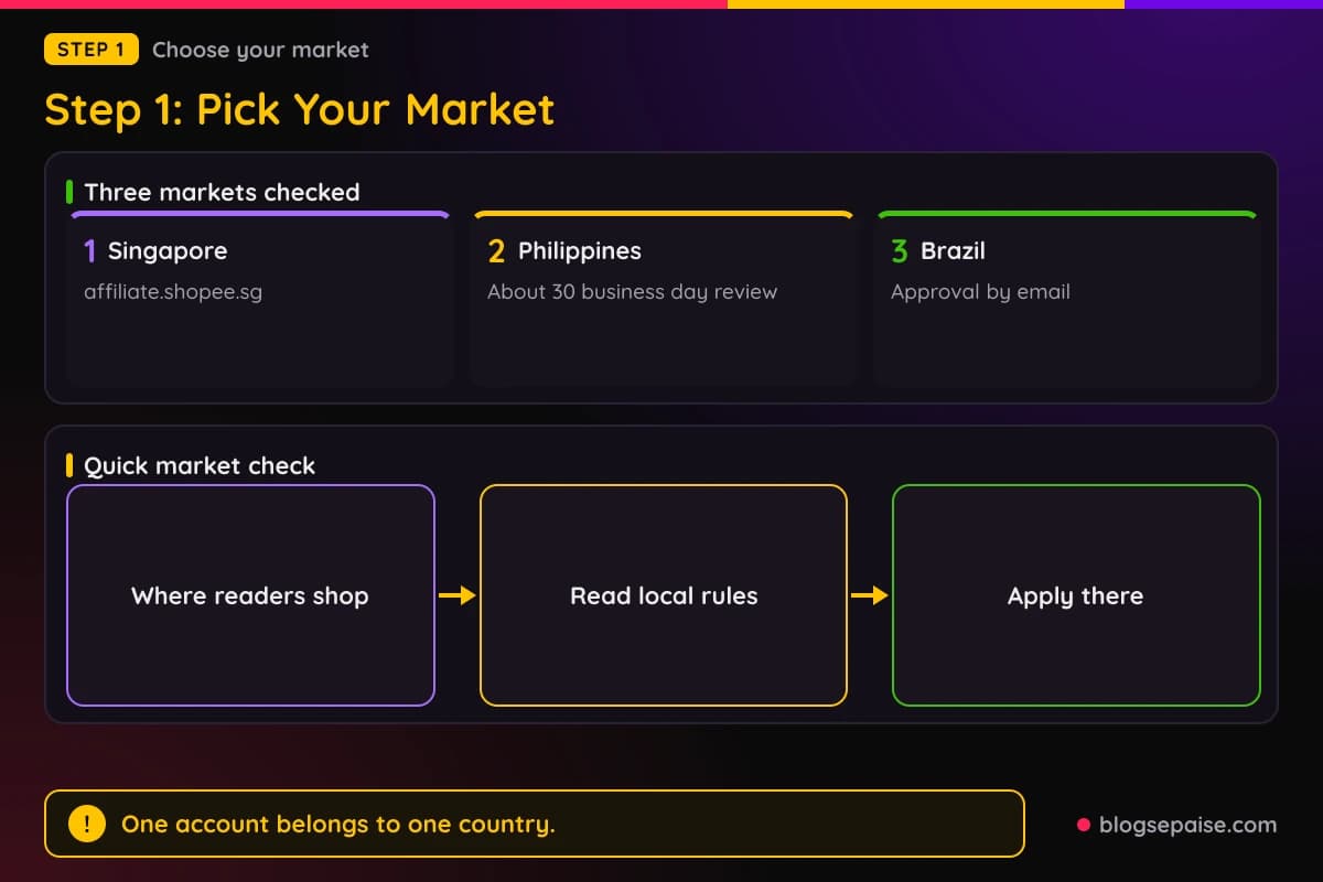 Cards comparing three Shopee affiliate markets, Singapore with affiliate.shopee.sg and weekly payouts, the Philippines with a 14 day post rule and about 30 business day review, and Brazil open to everyone with approval by email
