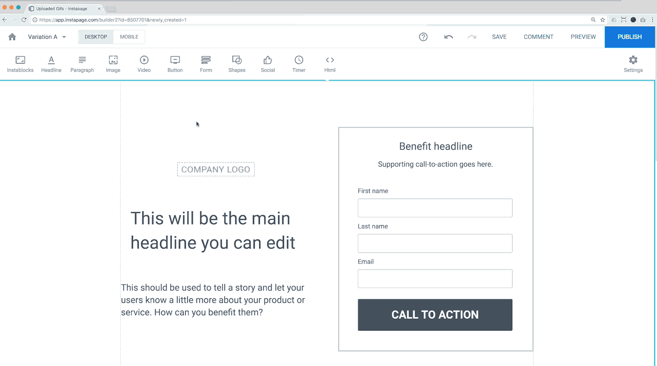 Instapage Instablocks feature showing reusable content blocks in action