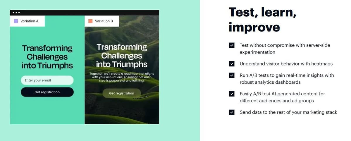 Instapage A/B testing interface showing conversion rate optimization tools
