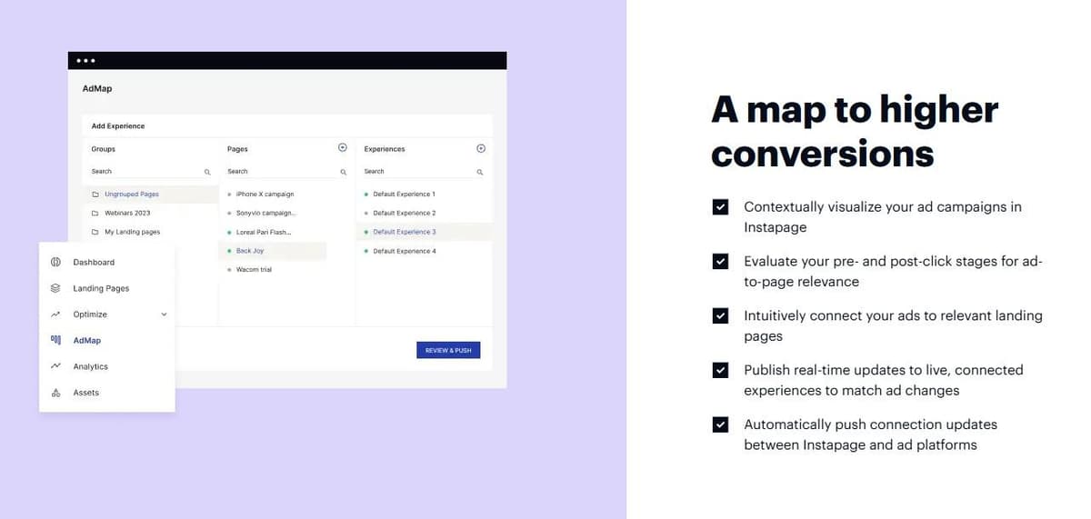 Instapage AdMap technology showing ad-to-page personalization features