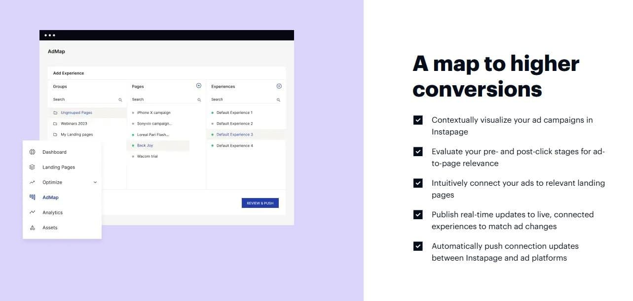Instapage AdMap technology showing ad-to-page personalization features