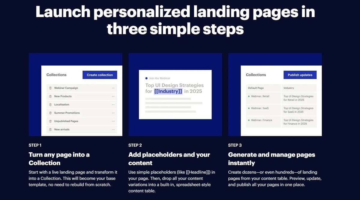 Instapage Collections feature showing bulk landing page management