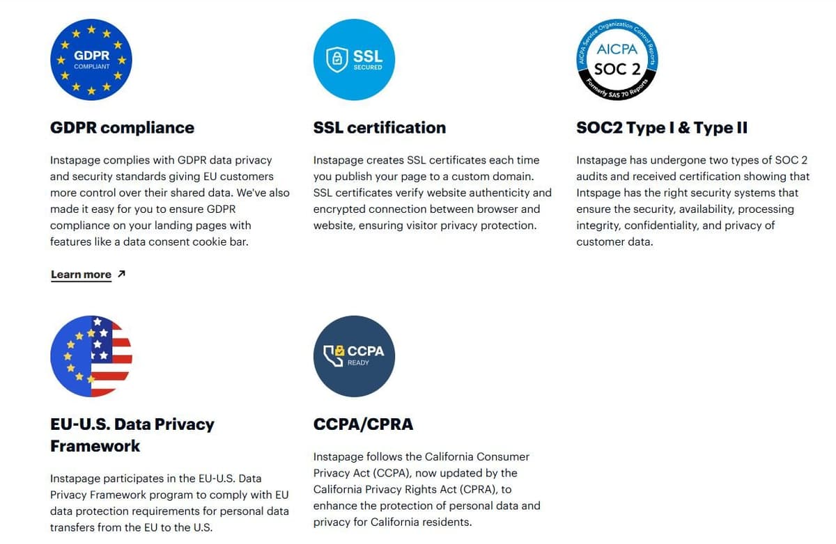 Instapage Enterprise Security and Compliance features showing GDPR and SOC 2 certification