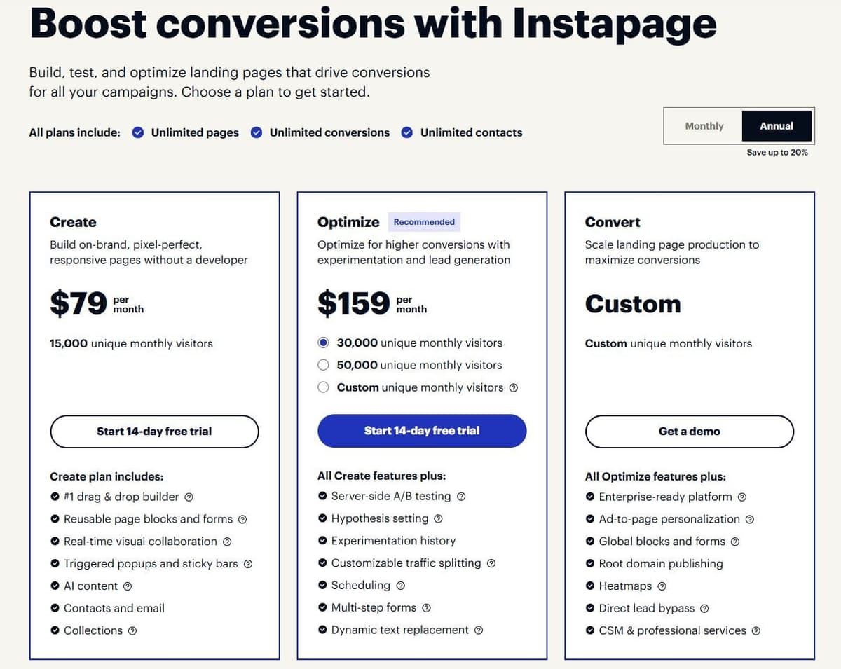 Instapage Pricing Plans showing Create, Optimize, and Convert tiers