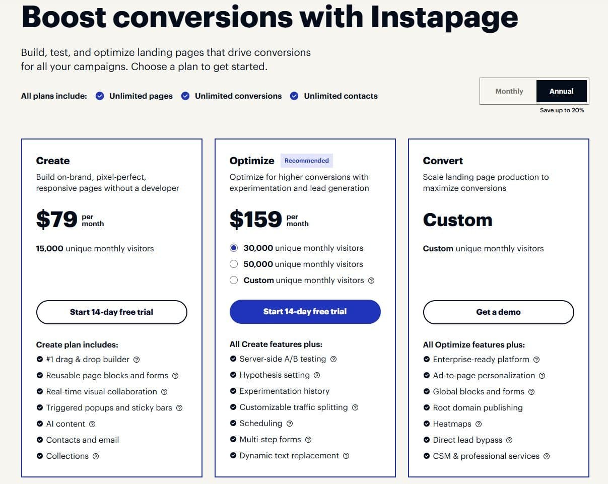 Instapage Pricing Plans showing Create, Optimize, and Convert tiers