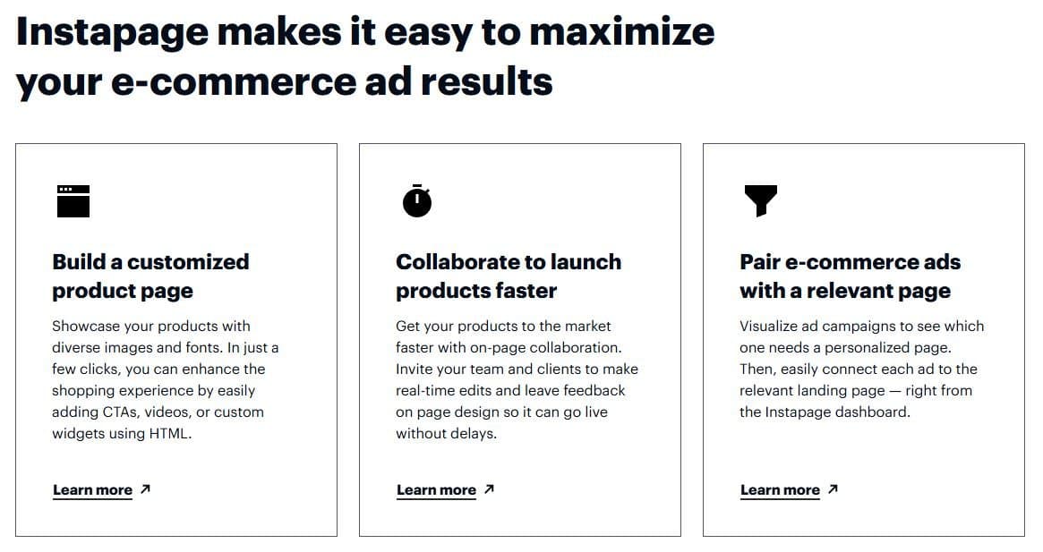 Instapage E-commerce use case showing product launch and sales pages