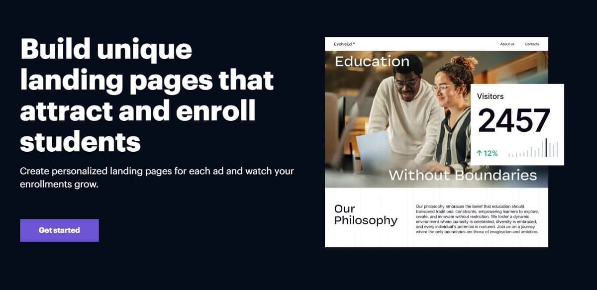Instapage Educational Institutions use case showing course enrollment and student testimonials