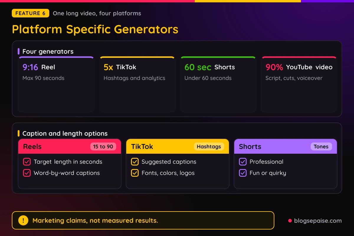 Klap platform specific generators for Reels, TikTok, YouTube Shorts, and the AI YouTube Video Maker, with length limits and caption options