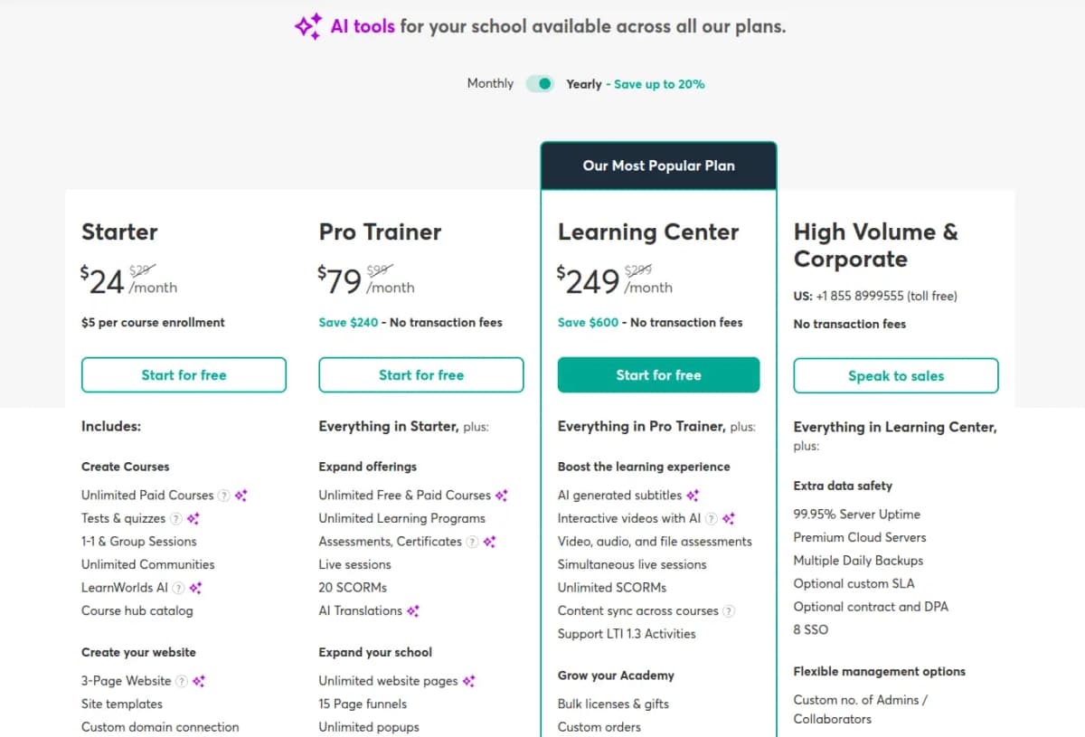 LearnWorlds Pricing Plans