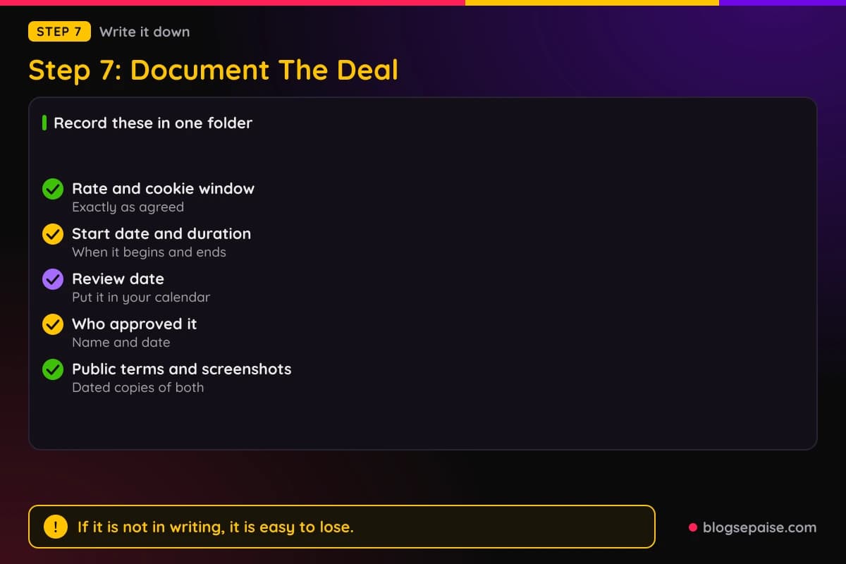 Checklist of what to record when documenting an affiliate deal, with a timeline from the agreement date to the first payout check and the review date
