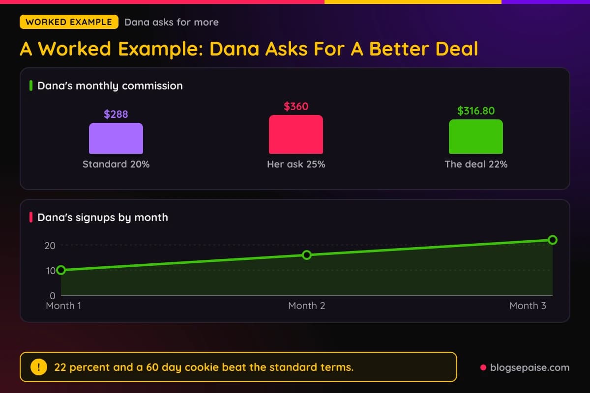 Bar chart comparing Dana's monthly commission at the standard 20 percent rate, her 25 percent ask, and the 22 percent deal, with a line chart of her signups by month