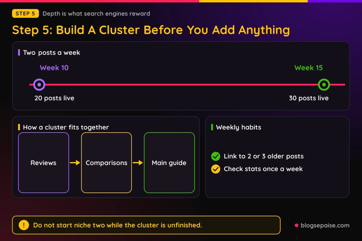 A cluster of 20 to 30 linked posts around one main guide
