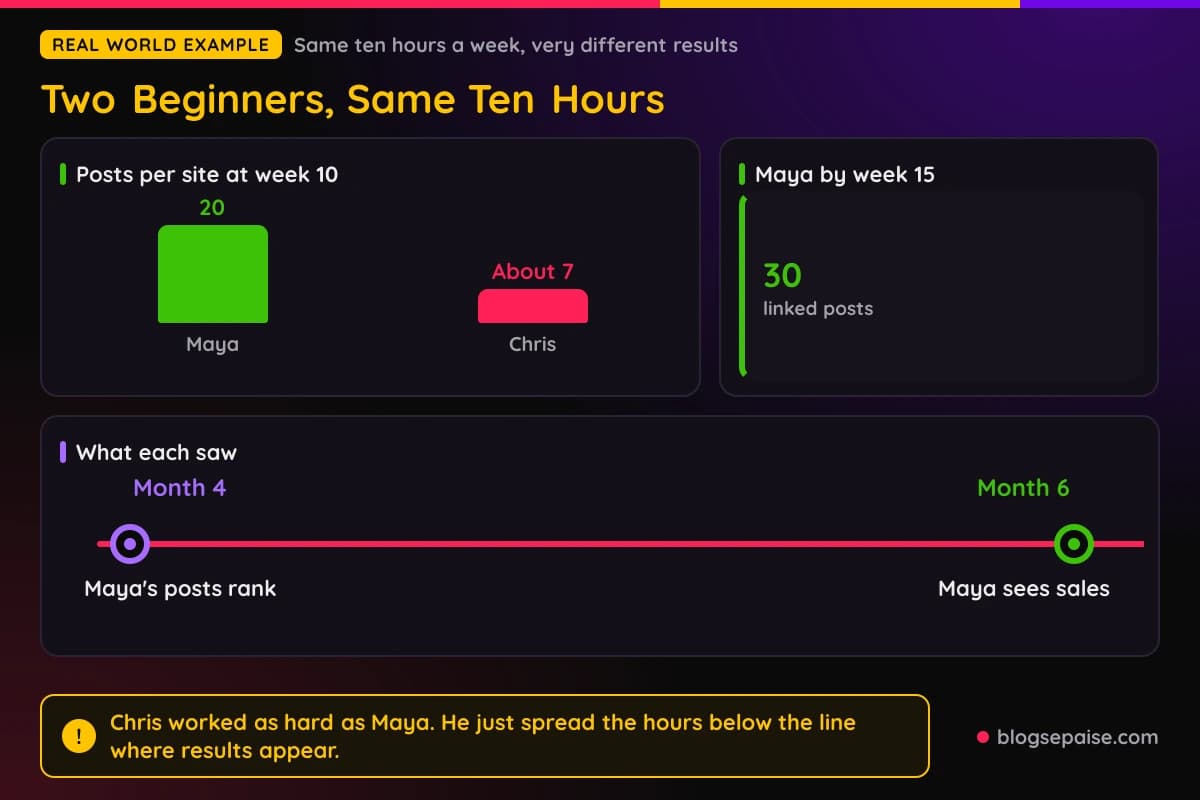 Maya and Chris compared over six months with the same ten hours a week