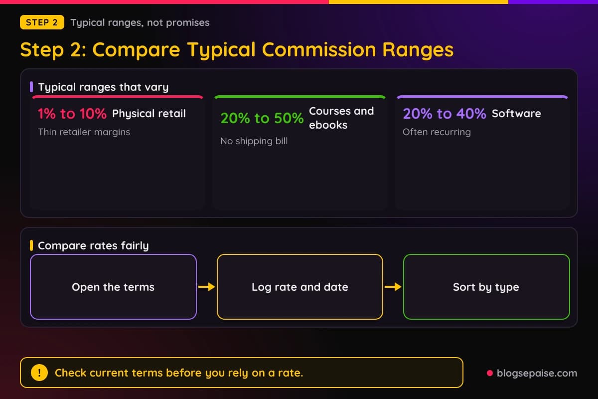 Chart of typical affiliate commission ranges for physical retail goods, courses and ebooks, and software subscriptions