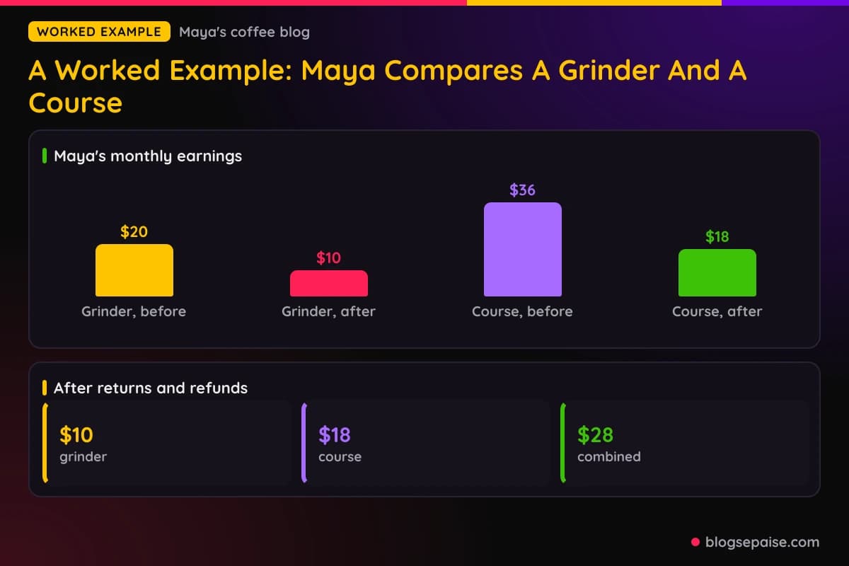 Bar chart of Maya earnings from a coffee grinder and a brewing course before and after returns