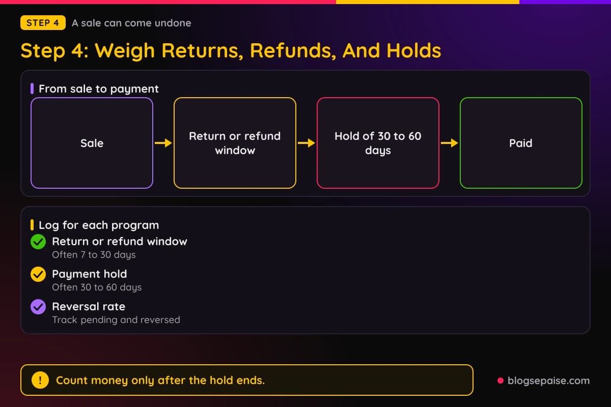 Flow and checklist showing how returns, refunds, and payment holds affect an affiliate commission